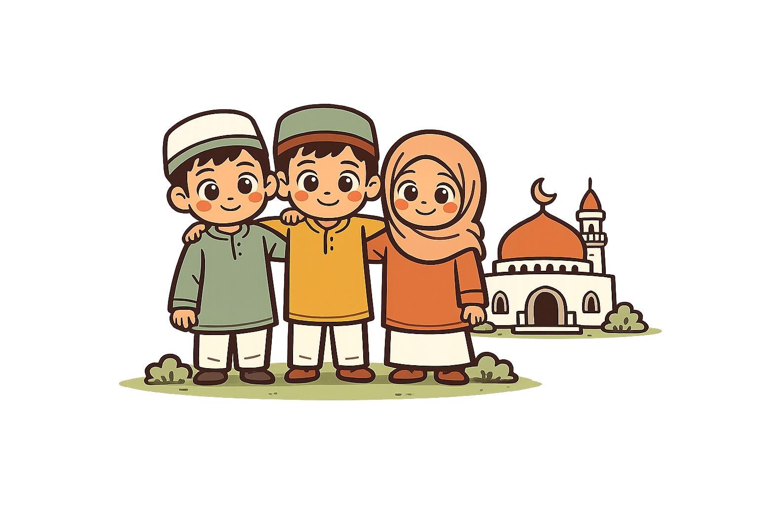 A group of Muslim children together near a mosque